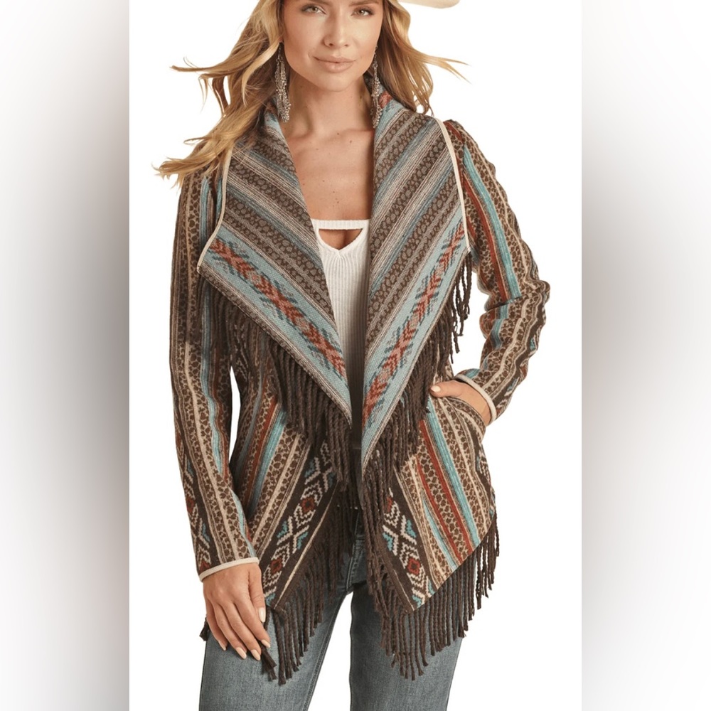 Powder River Ladies Brown Aztec Bohemian wool jacket with fringe, Size Med